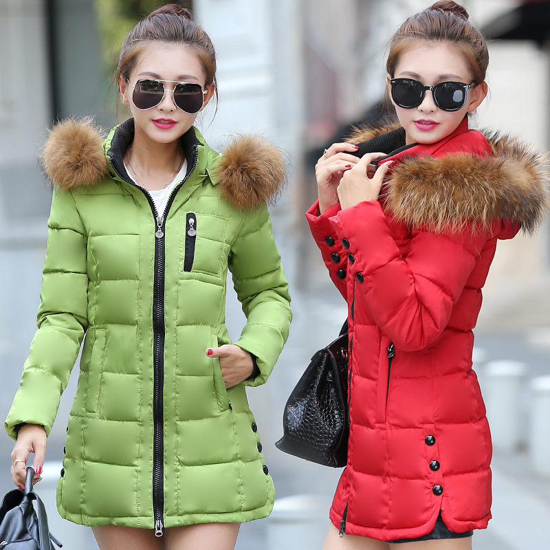 棉衣女2015冬装新款羽绒棉服中长款 韩版修身可脱卸帽加厚外套