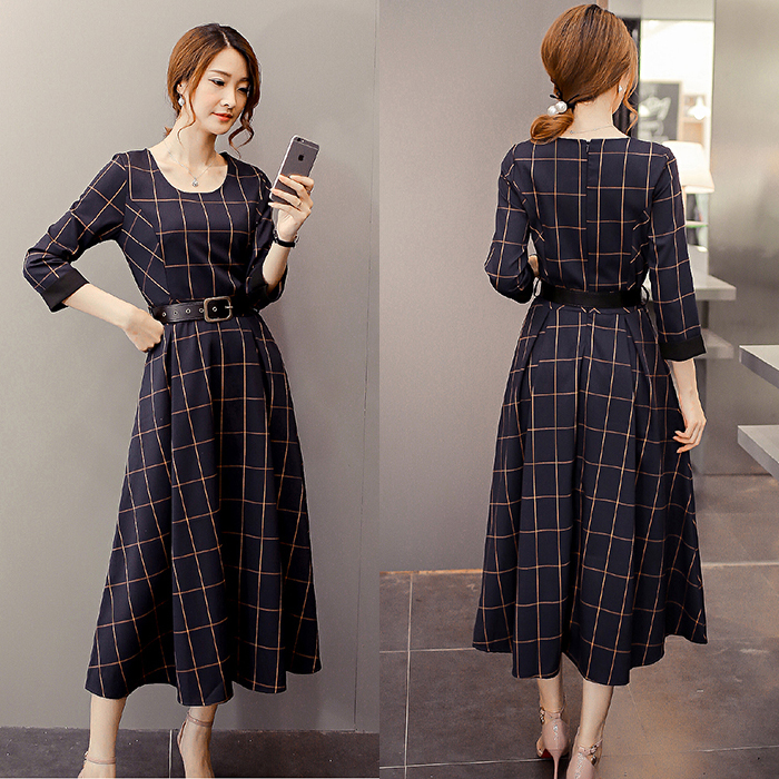 2015韩版新款秋冬装中长款格子连衣裙修身显瘦七分袖收腰复古长裙