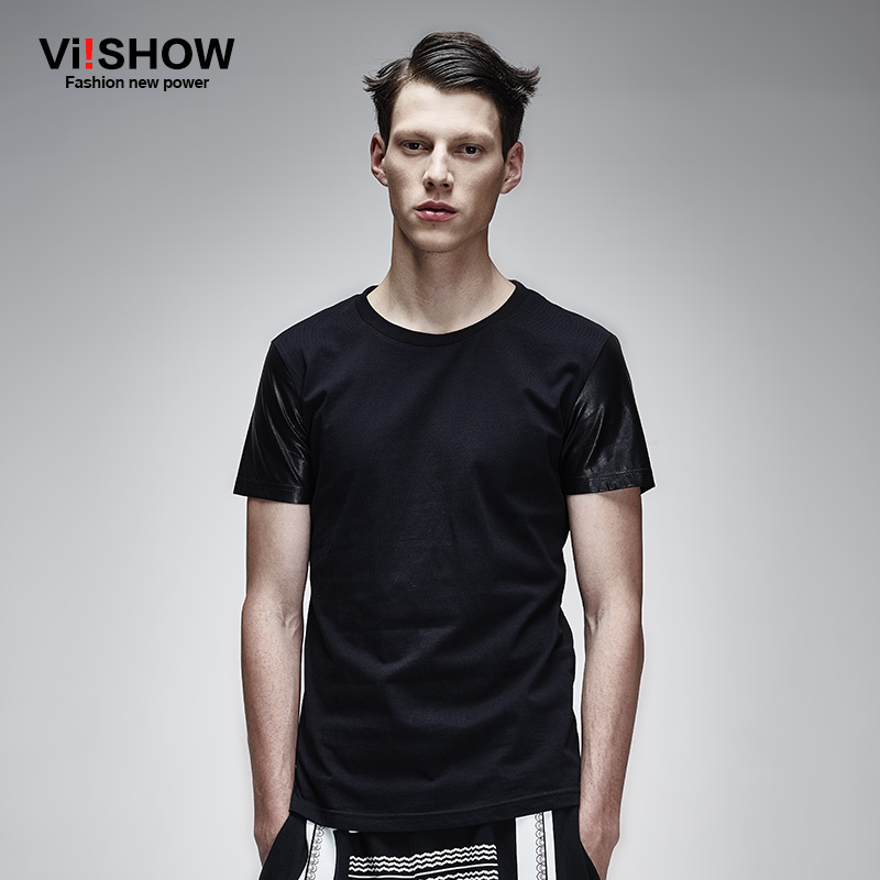 99viishow夏季新款短袖T恤 英伦时尚拼接短袖拼皮T恤 黑色棉质t