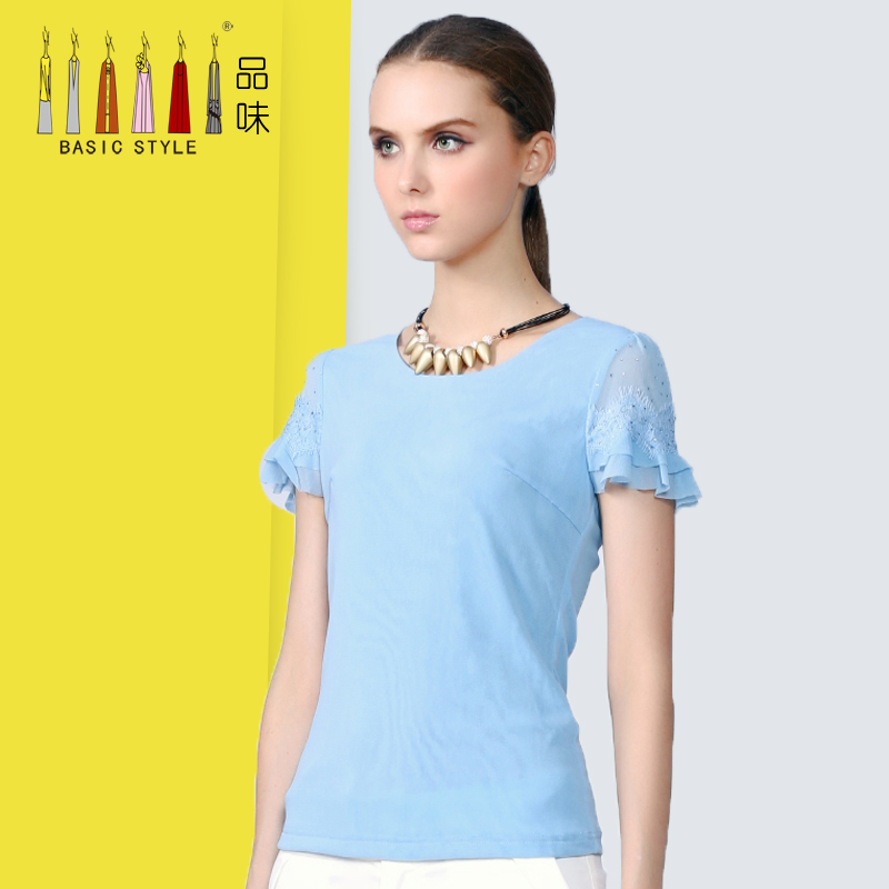 BasicStyle品味2015夏新款蕾丝喇叭袖网纱T恤女短袖打底衫大码装