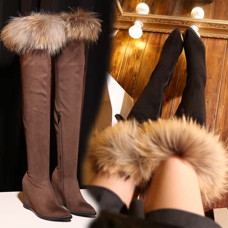 长靴冬季女靴真皮高跟过膝长靴坡跟毛毛边可卸长筒靴内增高女靴子