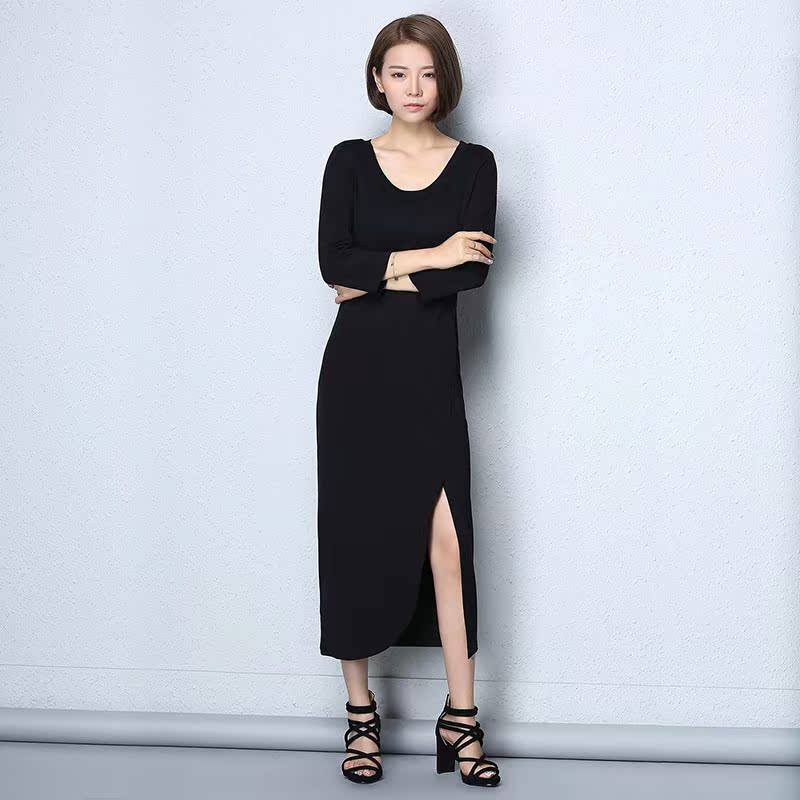 诗媞SHITI  原创设计 2015秋季新款黑色修身长七分袖纯棉连衣裙折扣优惠信息