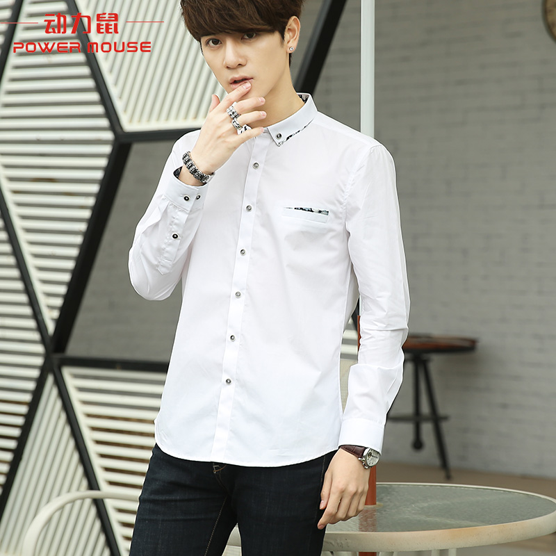 动力鼠新款夏季男士长袖衬衫韩版修身男装衬衣修身型时尚休闲寸衫