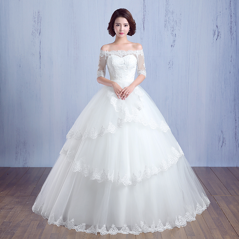 2015新款新娘婚纱礼服一字肩冬季韩式简约修身显瘦齐地婚纱定制