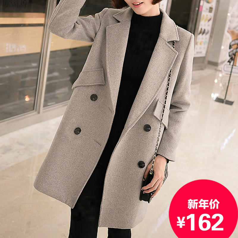 2015秋冬新款韩版茧型中长款显瘦毛呢外套女双排扣西装领呢子大衣