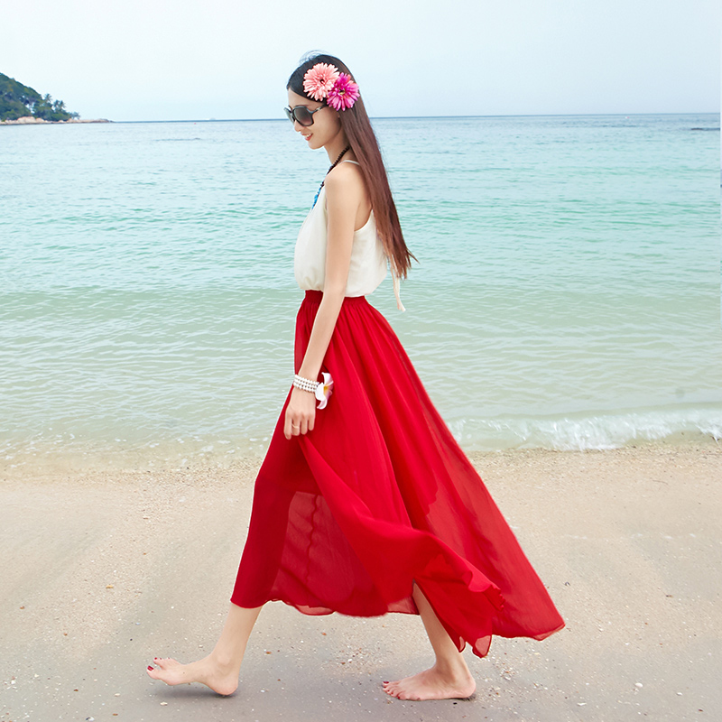 2015度假半身长裙波西米亚半身裙纯色松紧高腰半裙雪纺修身沙滩裙