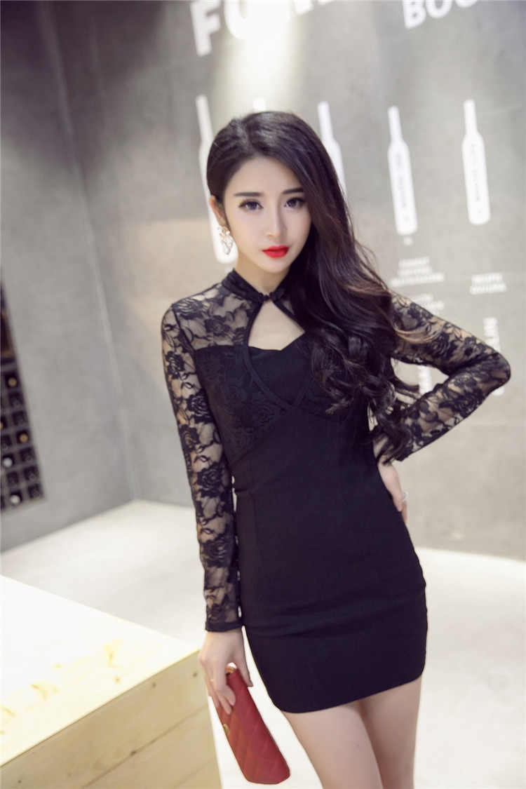韩版新款大码女性感夜店立领镂空长袖蕾丝连衣裙 紧身包臀打底裙
