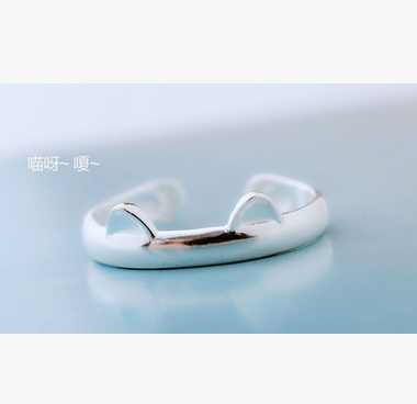 S925创意猫戒指 精美猫耳朵开口手饰 韩版时尚戒指 可爱简约饰品