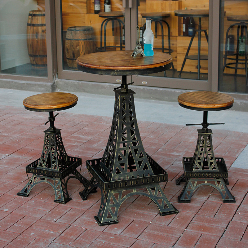 实木茶桌椅组合咖啡馆餐厅餐桌椅  组合创意铁塔圆桌酒吧桌椅户外