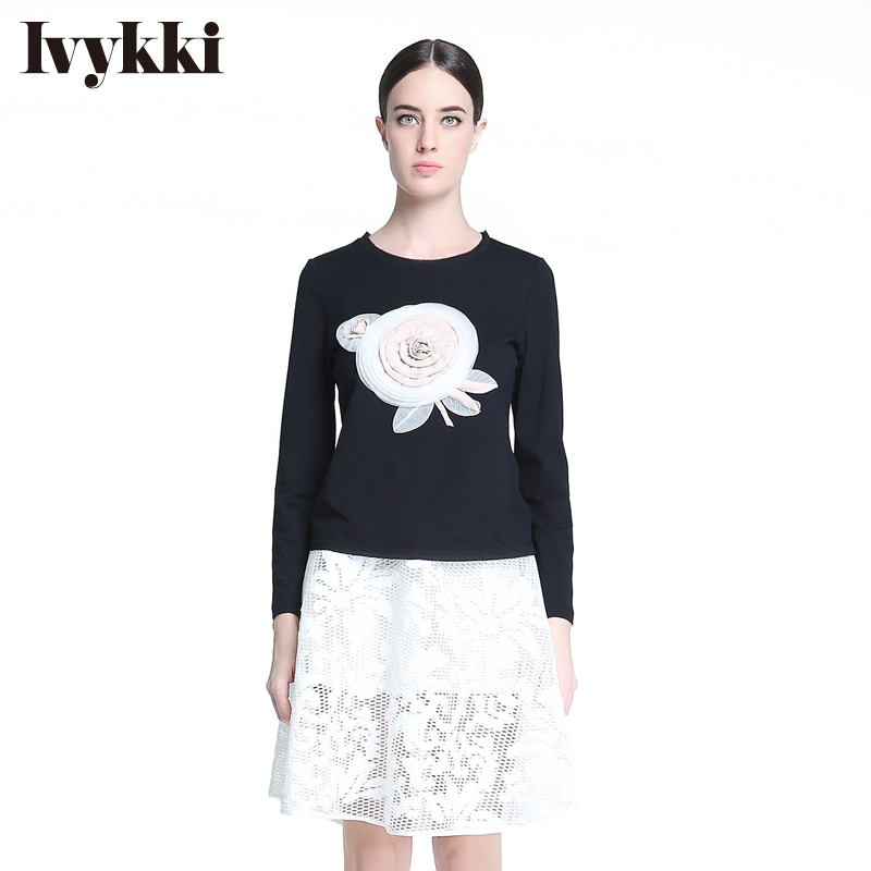 IVYKKI艾维2015新女秋季韩版时尚修身棉质3D碎花长袖圆领T恤