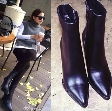 欧美2015秋季真皮短靴ANN同款坡跟尖头中筒靴英伦高跟马丁靴女潮