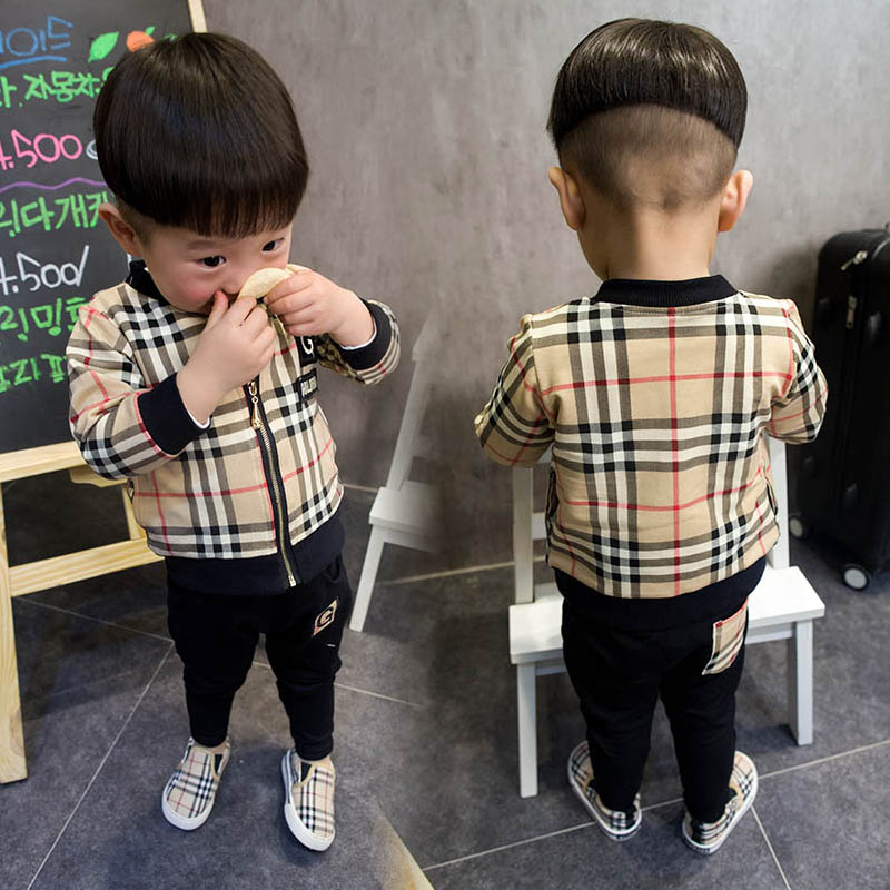 2015春装新款韩版 男童格子拉链开衫套装儿童宝宝长袖套装