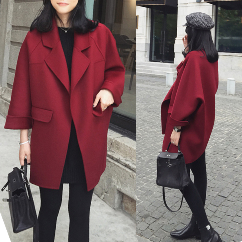 毛呢外套女韩版中长款显瘦廓型加厚羊毛呢子大衣2015秋冬装外套