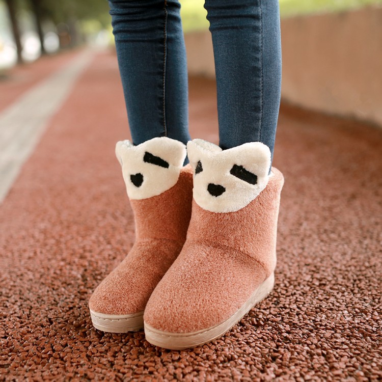 冬季短筒靴中跟厚底松糕鞋毛毛靴棉靴棉鞋雪地靴卡通熊猫短靴女靴