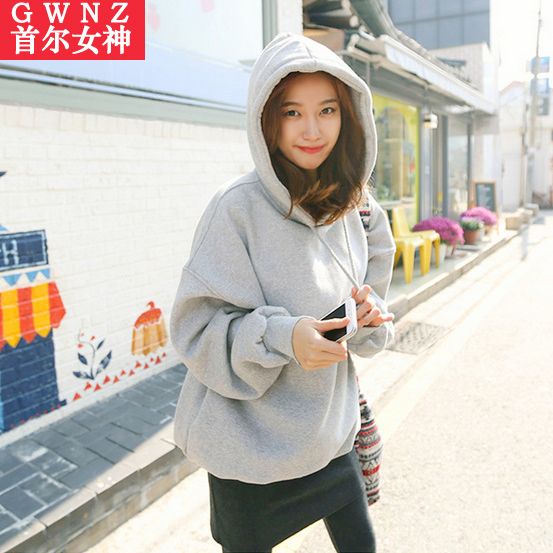 韩国代购大码女装卫衣冬套头连帽中长款纯棉加绒纯色外套蝙蝠袖潮