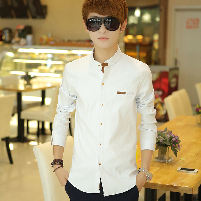 白色立领长袖衬衫男 韩版修身 纯棉免烫寸衫 青少年休闲学生衬衣