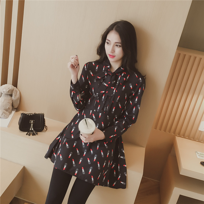 春款女装新款2016韩版修身显瘦 口红图案系带中长款连衣裙 潮