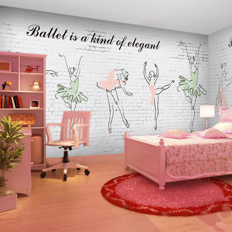 欧式3D彩绘芭蕾女孩大型壁画幼儿园儿童房砖纹墙纸舞蹈音乐室壁纸