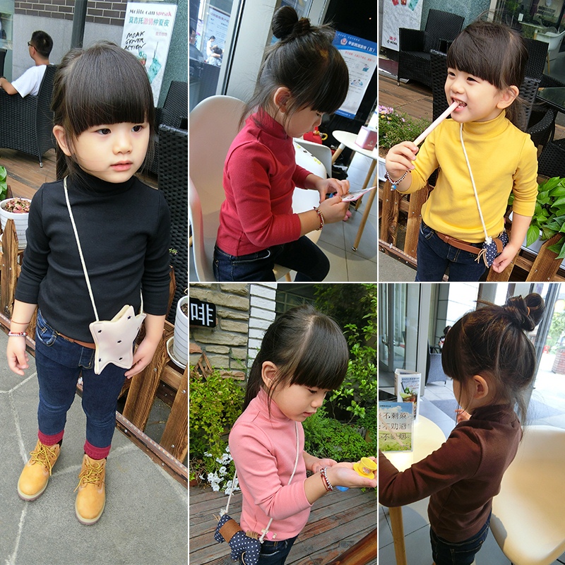 韩版秋装新款百搭儿童长袖T恤 男童女童纯色磨毛半高领打底衫体恤