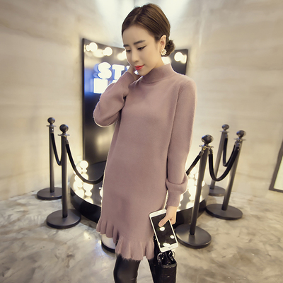 韩国代购2015冬装新款纯色修身中长款韩版高领针织毛衣女套头加厚