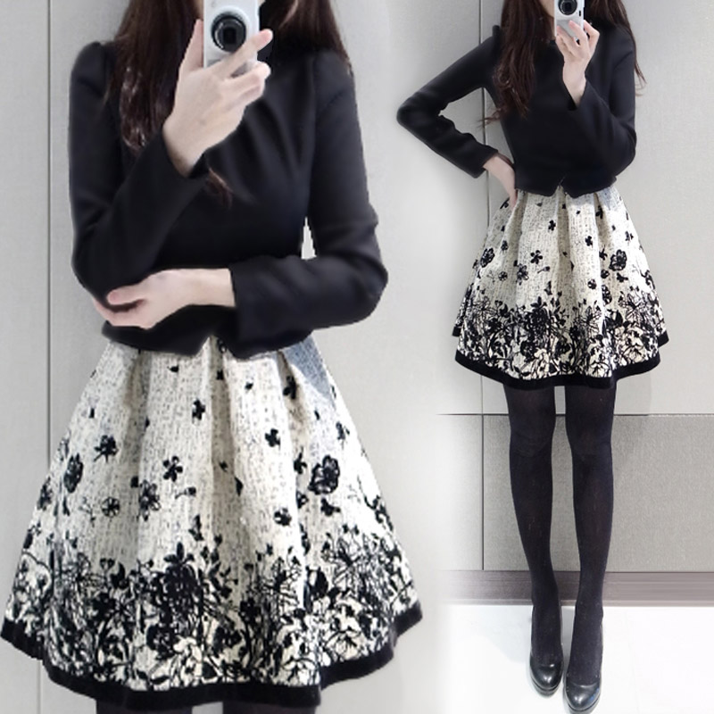 两件套连衣裙长袖秋装新品2015韩版修身显瘦A字裙拼接淑女套装裙