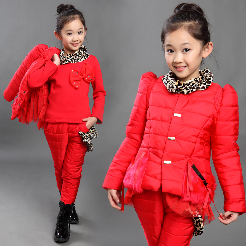 童装女童棉衣套装2015新款韩版女孩冬装三件套加厚中大童冬季棉服