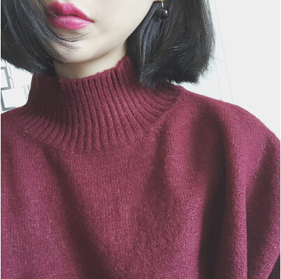 韩国纯色长袖针织衫2015秋冬复古短款毛线上衣 半高领套头毛衣女