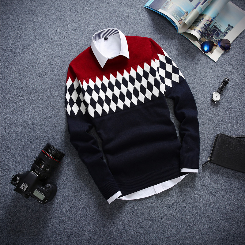 青年韩版薄款针织衫男 冬季日系修身学生圆领套头男士格子毛衣潮