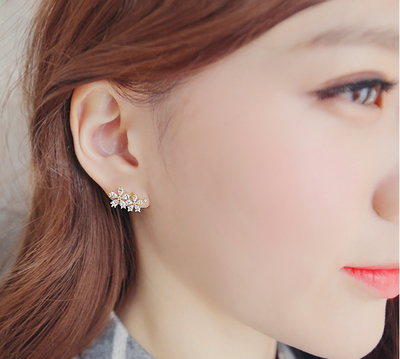 日韩国水钻双花朵耳钉气质韩版女s925纯银针锆石耳环 防过敏耳饰