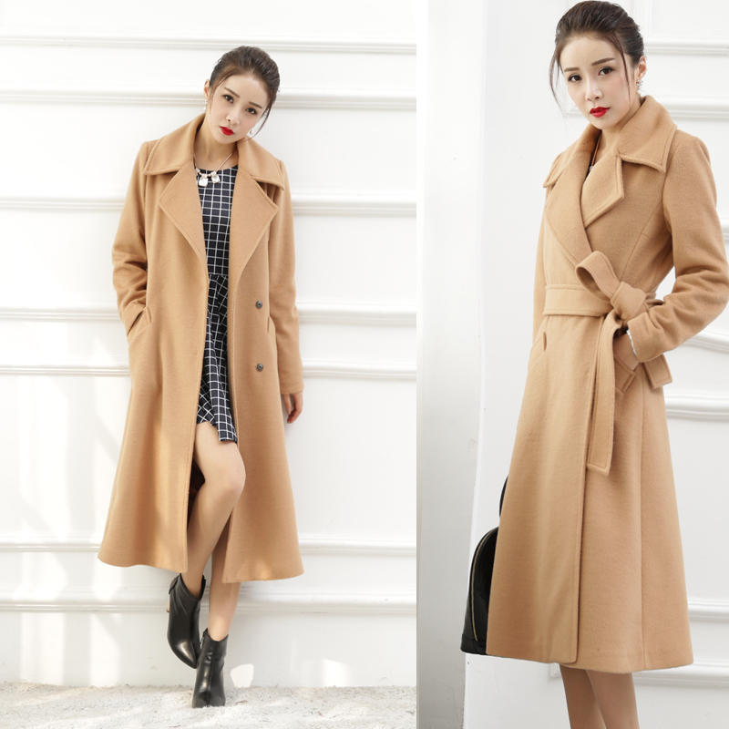 2015新品女装高端双排扣长款修身羊绒大衣韩版羊毛呢子外套驼色
