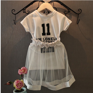 2015女童夏装新款 韩版字母印花儿童短袖T恤+网纱裙半身裙两件套折扣优惠信息