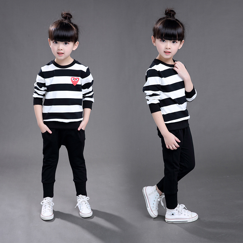 童套装2016春秋款女童黑白条纹套装两件套韩版366特价包邮