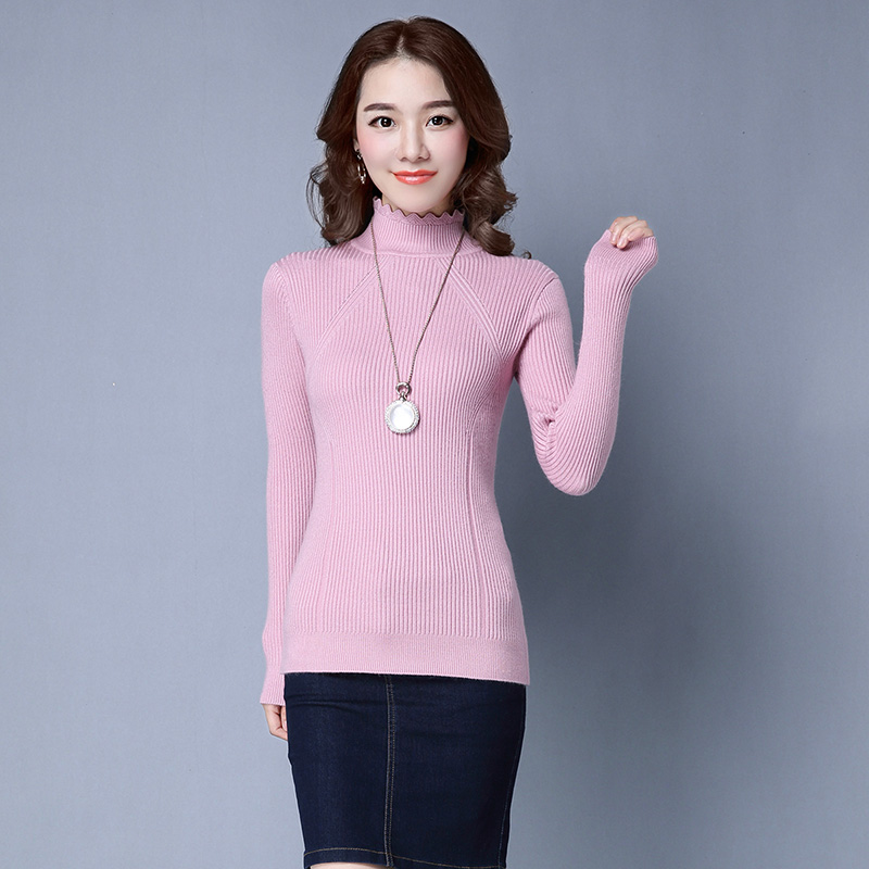 2016年秋冬款纯色荷叶领韩版打底衫修身显瘦平板针织衫女长袖毛衣折扣优惠信息