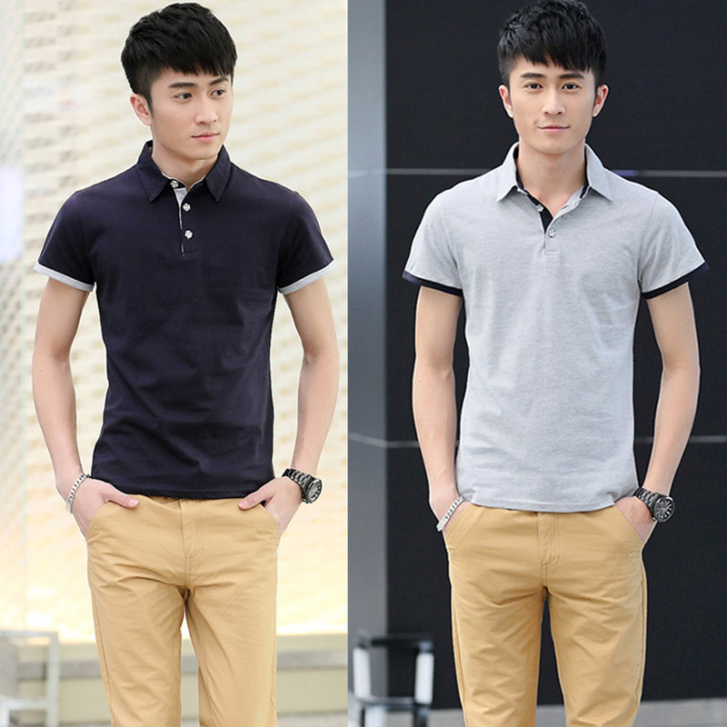 2015夏季新款男士短袖T恤男青春翻领修身薄款纯色半袖大码打底衫
