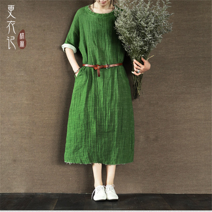 15年秋季新品两人出品同款粗麻长袖连衣裙文艺复古绿色长裙