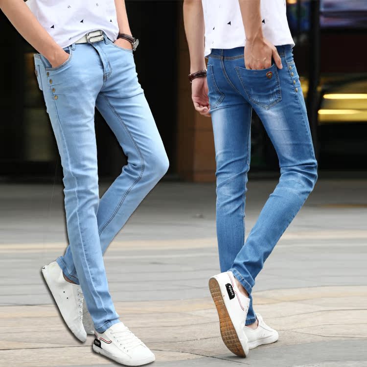 2015春季新款男士小脚裤 男装蓝色铅笔牛仔裤 韩版修身黑色潮男裤