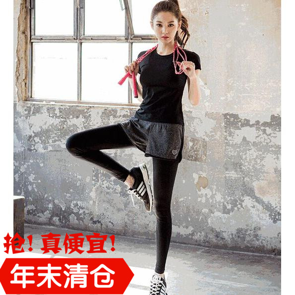 健身服女三件套跑步紧身训练假两件运动裤秋冬韩版瑜伽服套装显瘦