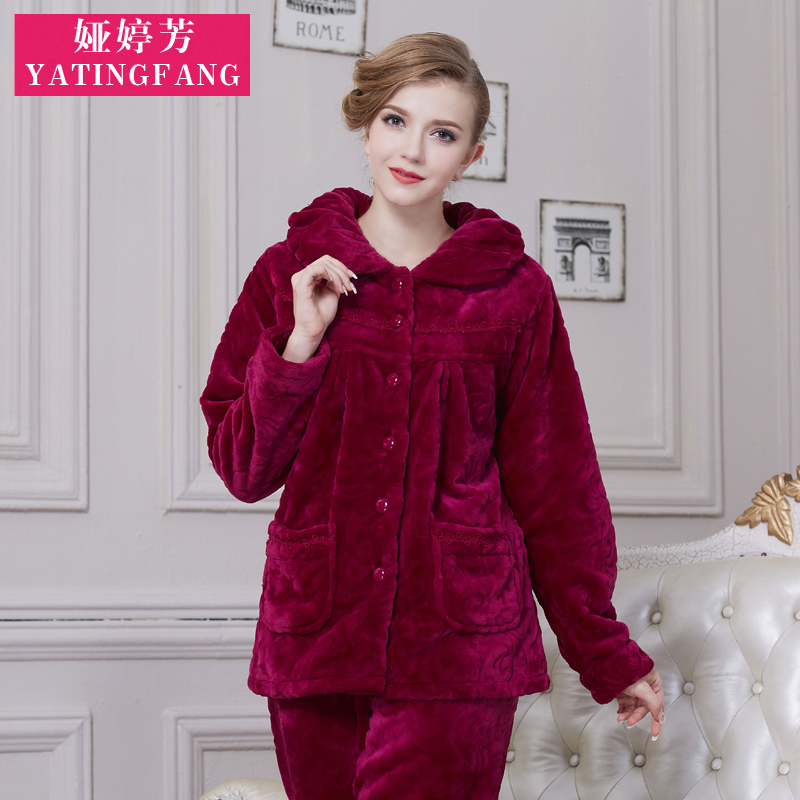 新款秋冬季加厚法兰绒睡衣女士红色可爱舒适冬天珊瑚绒家居服套装