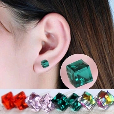 1115韩国饰品 可爱水立方水晶耳钉糖果魔方石耳环塑料耳针防过敏
