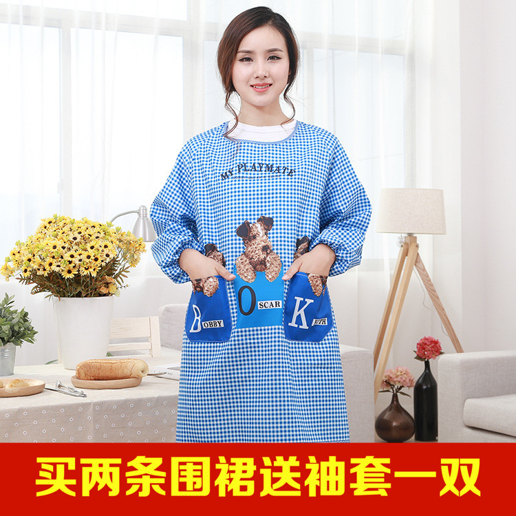 韩版一体式可爱卡通围裙长袖防污厨房成人罩衣女士家居反穿衣带袖