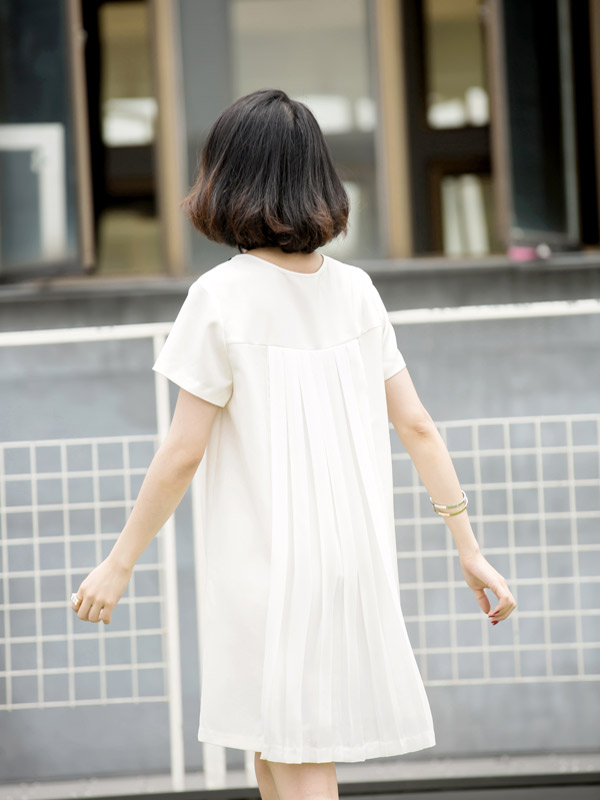 2015女士夏季新款雪纺宽松韩版简约短袖直筒白色连衣裙中裙女潮