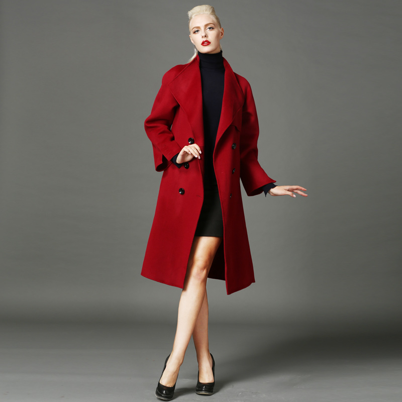 ALU2015冬装新款大红色宽松翻领斗篷中长双面羊绒大衣毛呢外套女
