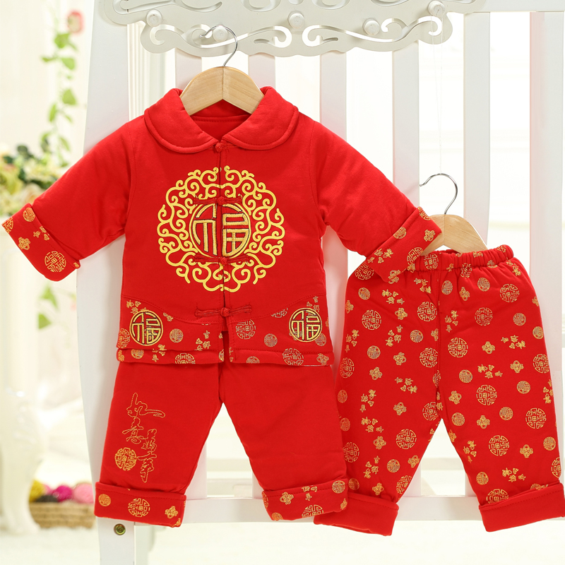 婴儿衣服 男宝宝秋冬棉衣 女红色0-1-2岁薄棉纯唐装福字三件套装