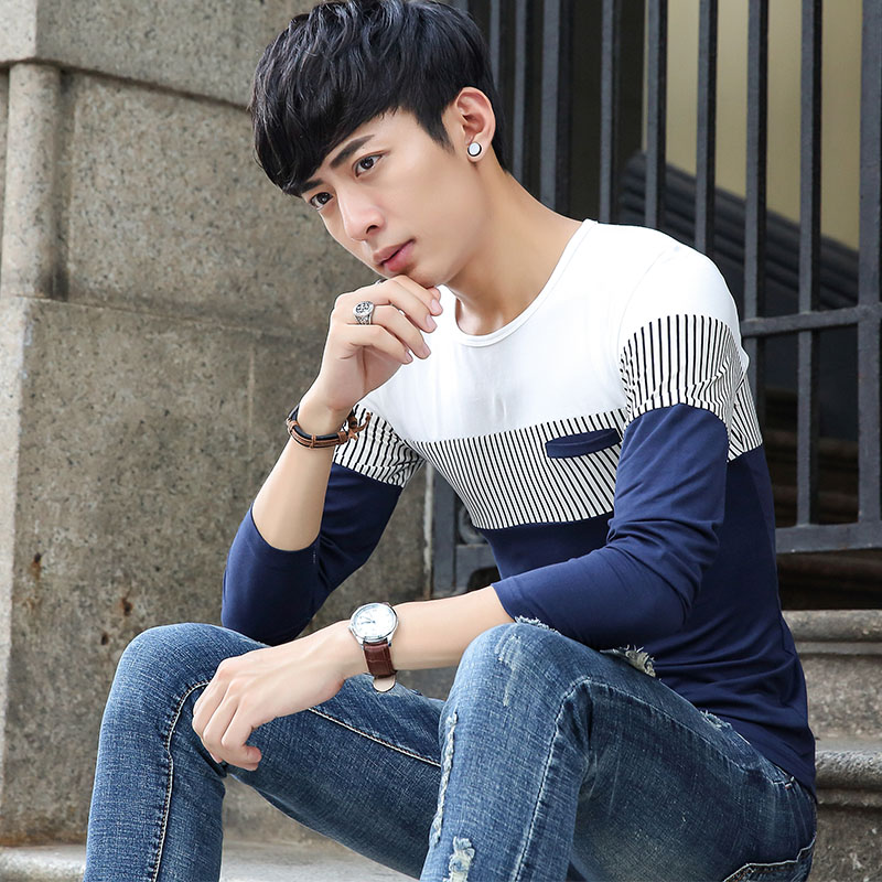 长袖T恤男 圆领青少年韩版修身男士体恤衫学生秋季打底衫潮条纹