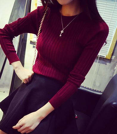 2015秋冬新款韩版女装圆领打底衫女士毛衣修身显瘦纯色针织衫