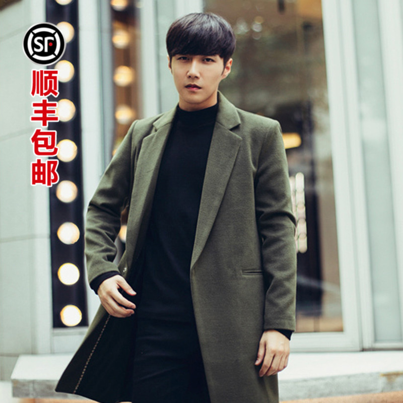 2016秋季新款男装韩版中长款宽松羊毛呢大衣男英伦双排扣男士外套