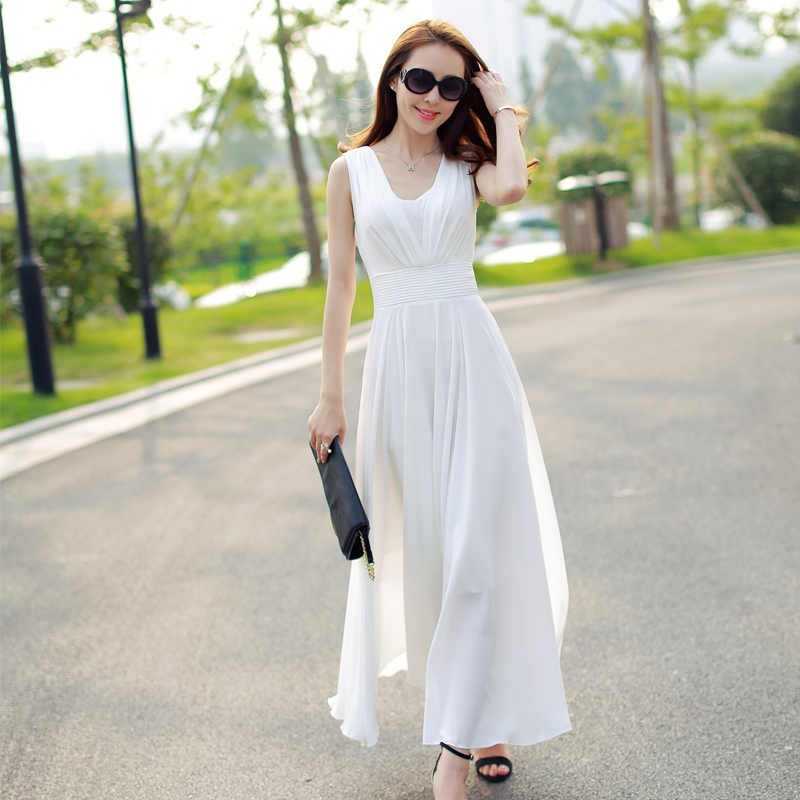 2015夏季新款连衣裙纯色简洁无袖韩版修身气质V领性感时尚女长裙