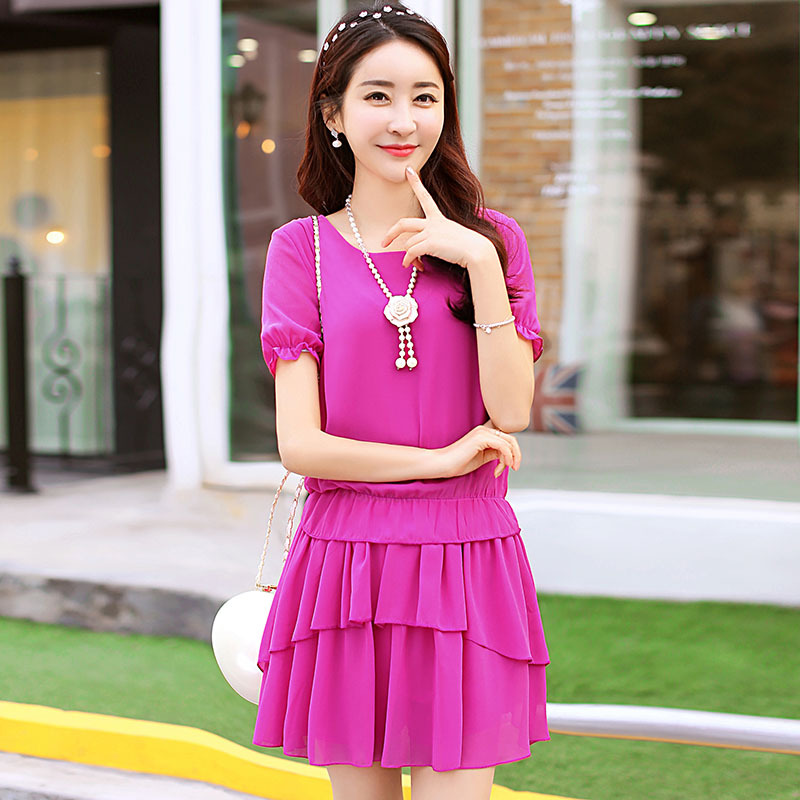 夏季韩版圆领短袖甜美纯色百褶雪纺两件套蛋糕裙配项链折扣优惠信息