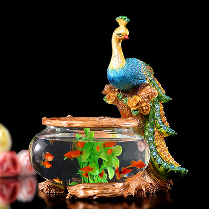 好心艺 创意迷你鱼缸玻璃桌面装饰品 欧式家居客厅摆件孔雀小鱼缸