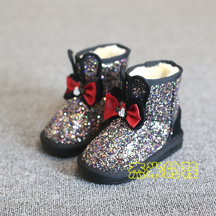 2015冬季新款童鞋 韩版卡通保暖雪地靴女童蝴蝶结中筒靴子